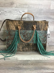 Hybrid Get Outta Town with Fringe and Studded Embossed leather on the front with matching shoulder strap - Leather handles  # 13121- sk