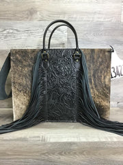 Hybrid Get Outta Town with Fringe Embossed leather on the front with matching shoulder strap - Leather handles  # 13422- sk