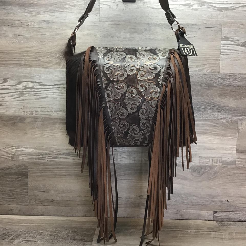 Designer - embossed leather on the front with fringe flowing off each side - matching embossed leather shoulder strap - conceal carry  #14327  sk