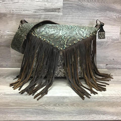 Designer -  Embossed leather shoulder strap and matching studded embossed leather on the front draped with fringe - conceal carry  #14347  sk