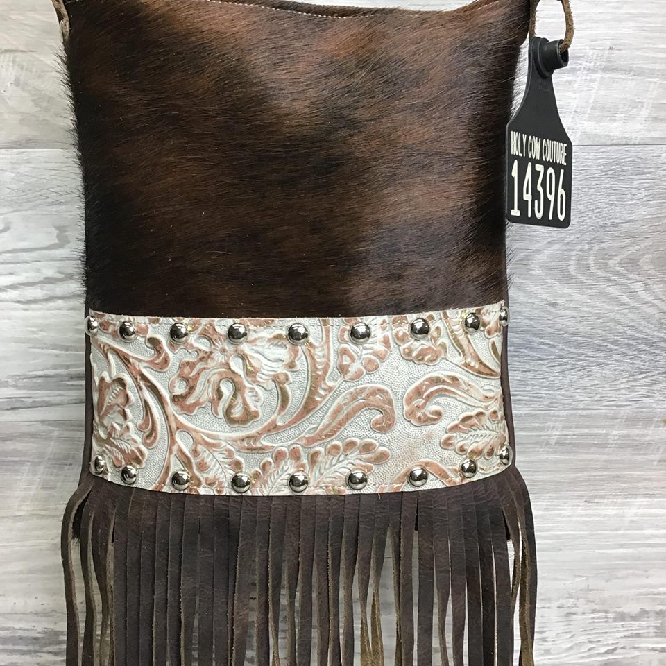 Sling Shot with bottom fringe and front studded embossed leather # 14396 - sk