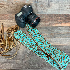 Camera Strap Sling Turquoise Brown Floral - 2.5" W
