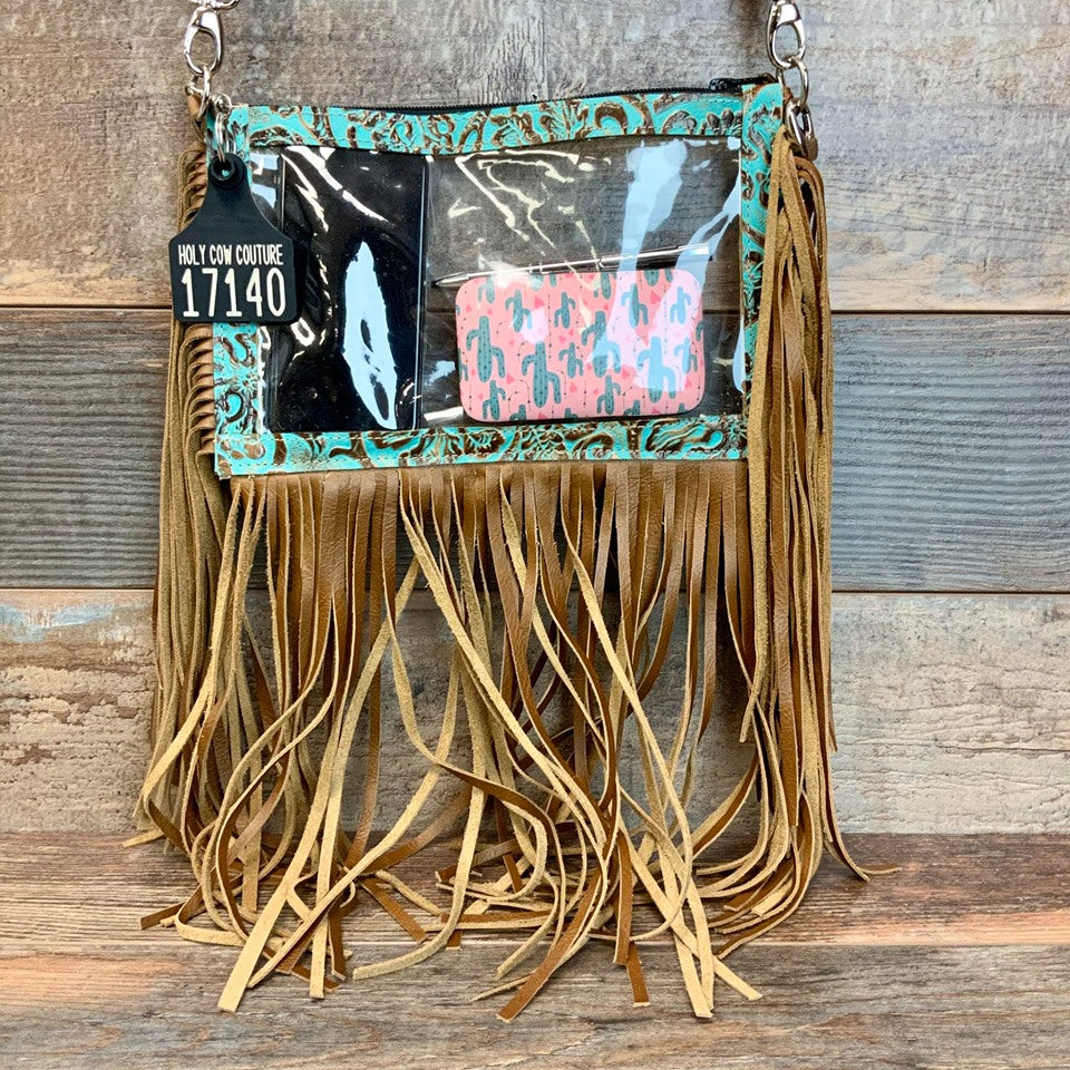 Stadium Ranch Hand Three Sided Fringe - Turquoise Brown Floral Embossed