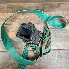 Camera Strap Sling Turquoise Brown Large Leaf