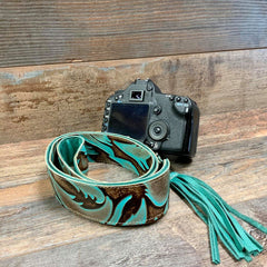 Camera Strap Sling Turquoise Brown Large Leaf