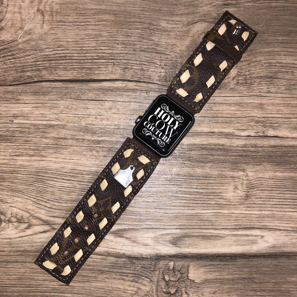 LV Buckstiched Leather Apple Watch Band