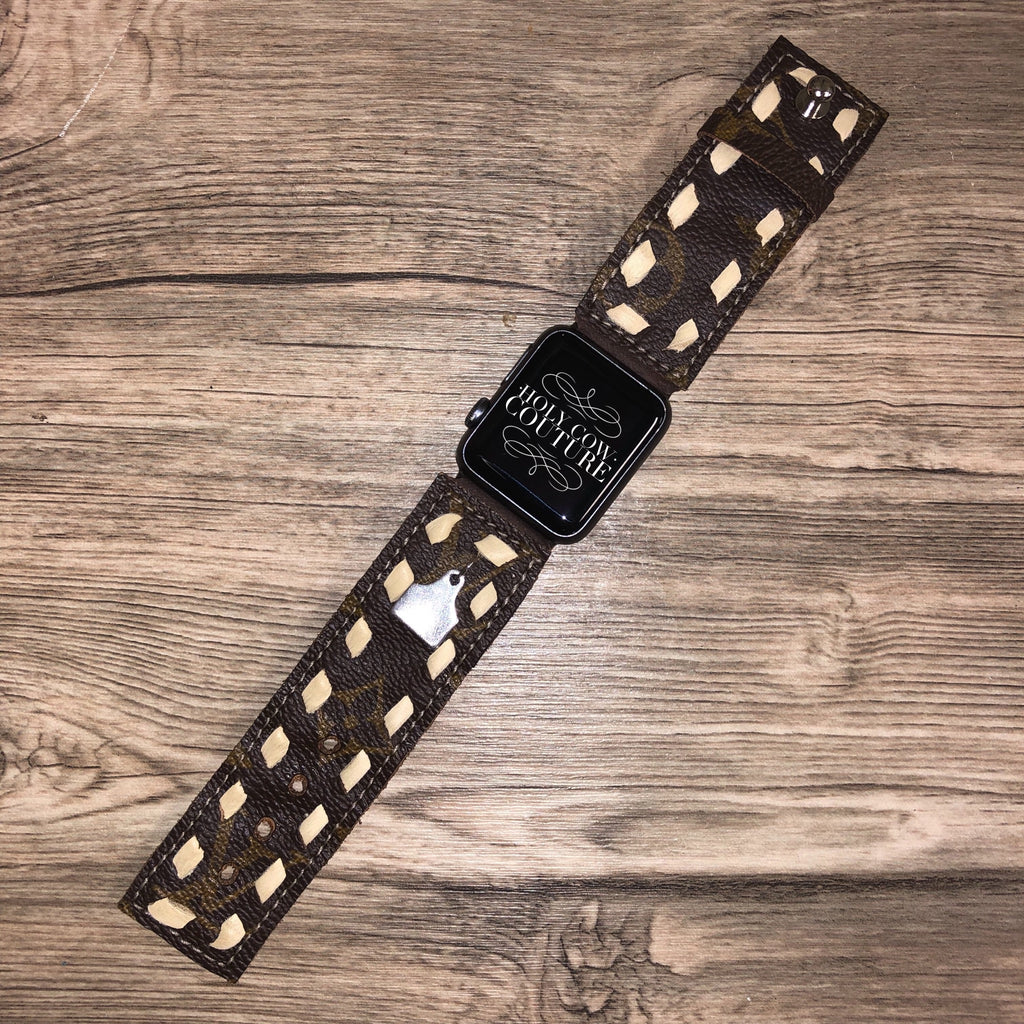 LV Buckstiched Leather Apple Watch Band
