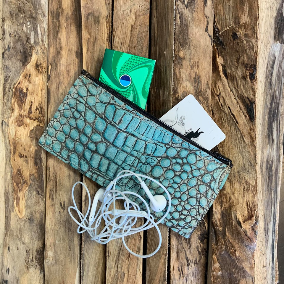 Side kick pouch - turquoise croc embossed leather